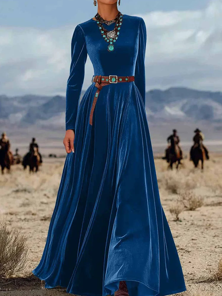 O Neck Solid Patchwork Chic Maxi Dress, Spring Autumn Women Casual Long Sleeve Party Dress, 2025 New Holiday Simple Ladies Dress
