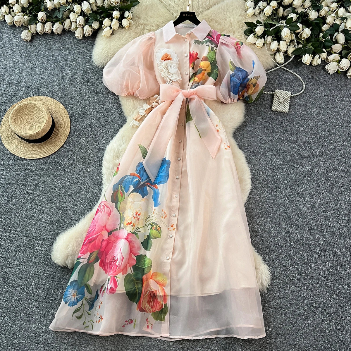Chic vintage Sexy print mesh lace-up button Fairy Summer Women Boho Sundress women clothing Long dress