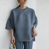 LANMREM High Quality 2026 Summer New Pleated Flare Half Sleeve T-shirt High-end Loose Fit Round Collar Pullover Tops 2DB6799