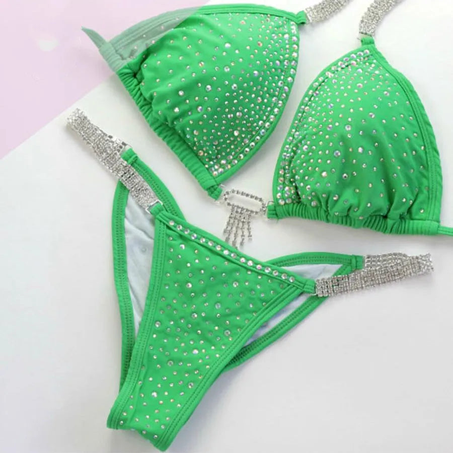 NPC IFBB Competition Bikini Suit for Women, Rhinestone Connectors, Scrunch Bikini, Sky Blue