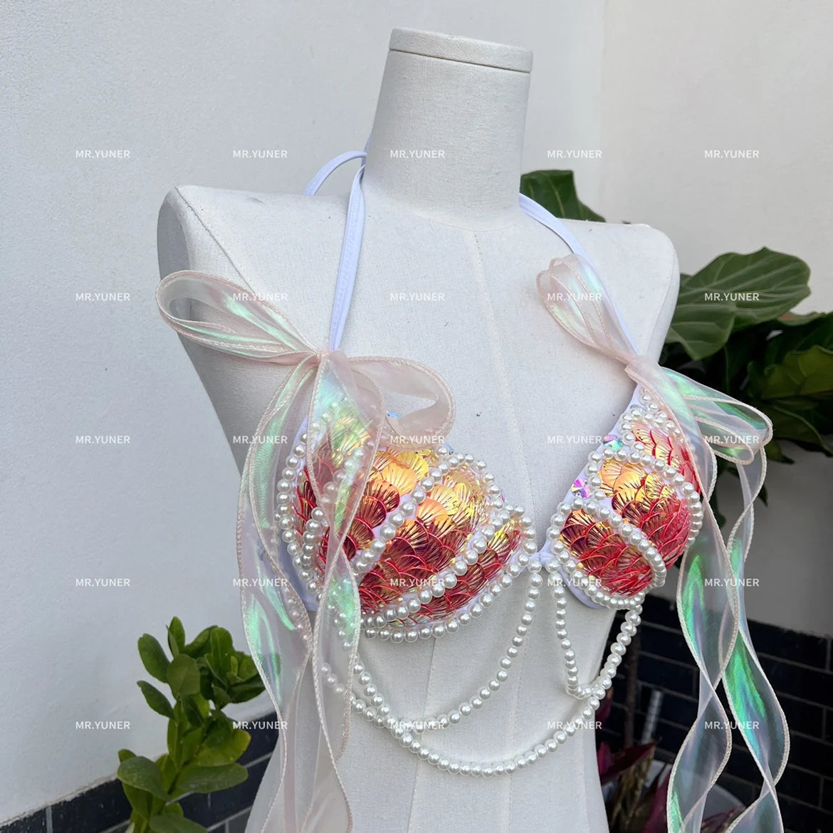 Bikini Mermaid Role Play Bra Aquarium Beach Corset Sequin Triangle Lace Up Bra Mermaid Performance Bra