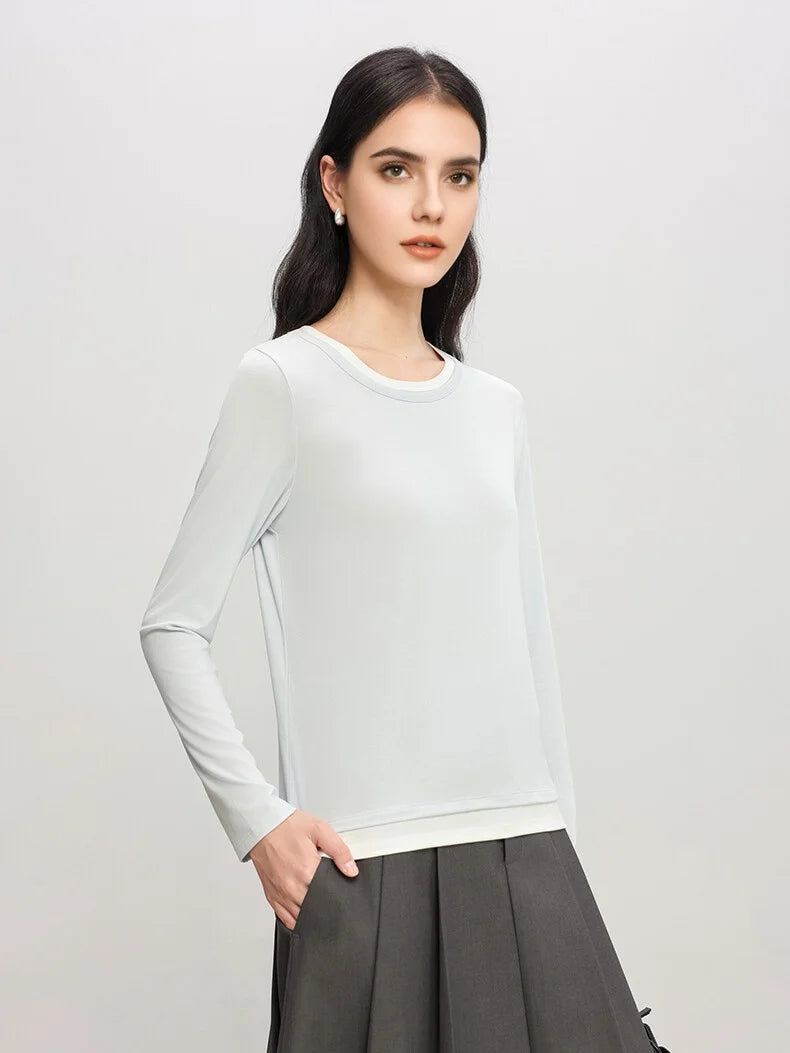 SuyaDream Women Cozy T Shirts, Silk Viscose Blend, Plain O Neck Long Sleeved Tee, 2025 Spring Autumn Basic Top, Black, Grey