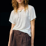 Chic Women's 100% Linen Round Neck T-Shirt Slim Designer Original Natural Short Sleeved Tee Tops