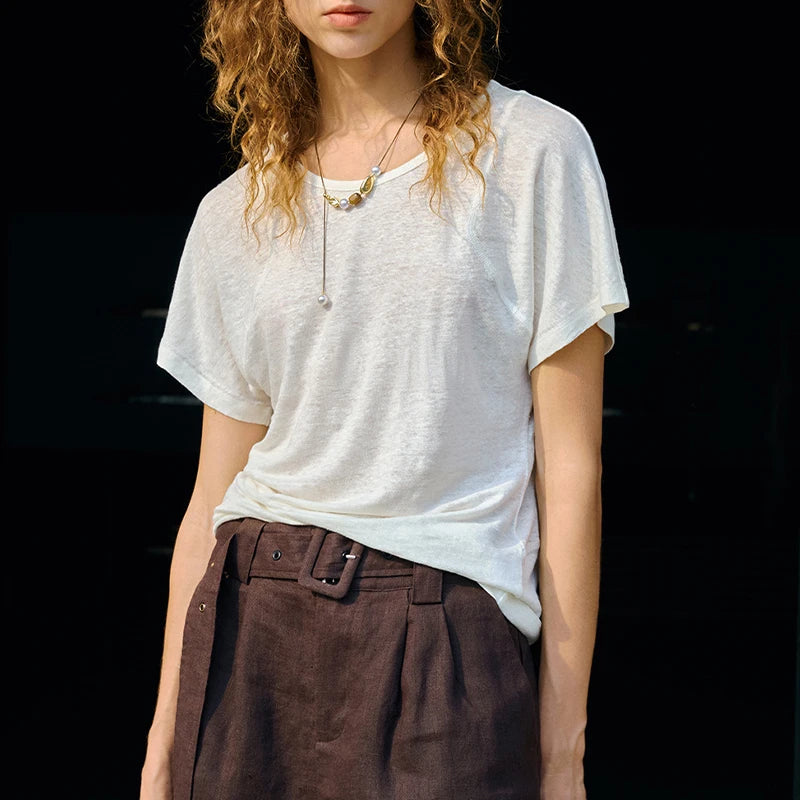 Chic Women's 100% Linen Round Neck T-Shirt Slim Designer Original Natural Short Sleeved Tee Tops