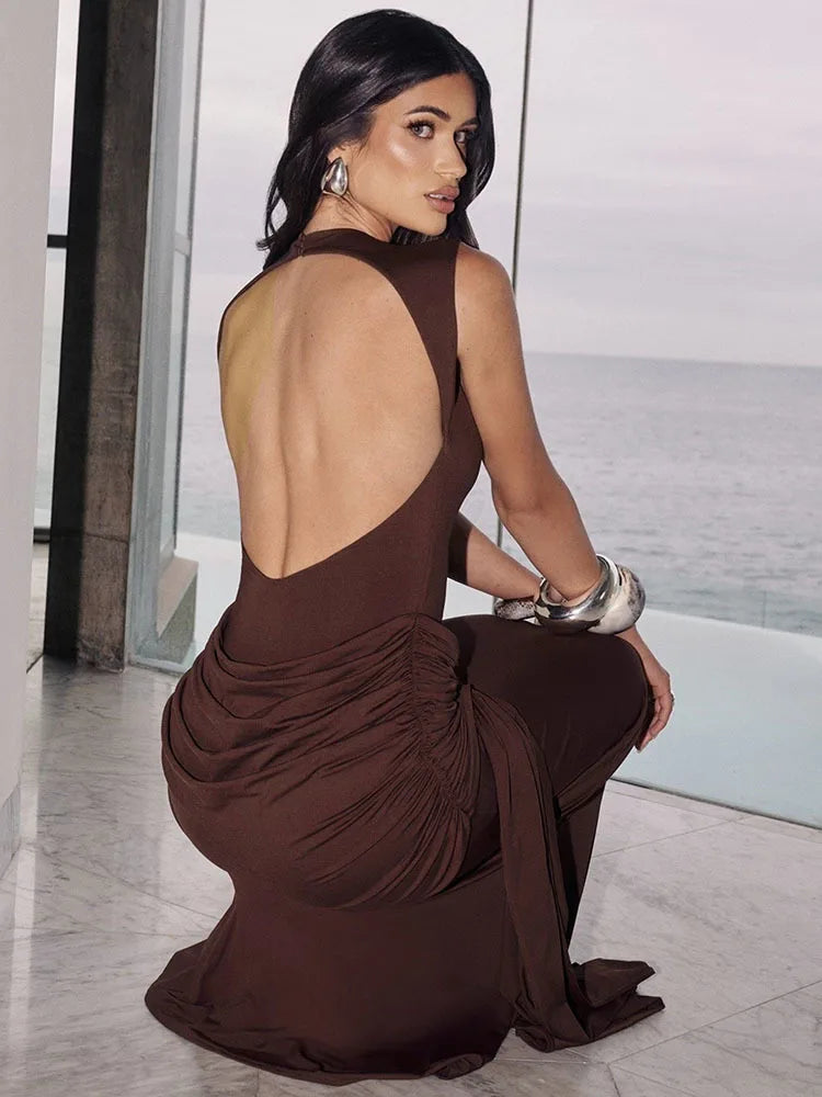 Mozision Backless Draped Ruched Sexy Maxi Dress Women Gown Elegant O Neck Sleeveless High Waist Skinny Club Party Long Dresses