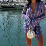 2026 Women Chic Vacation Outfits Fashion Striped Print Sheer Chiffon Shirt Casual Turn-down Collar Mini Dress & Detachable Scarf
