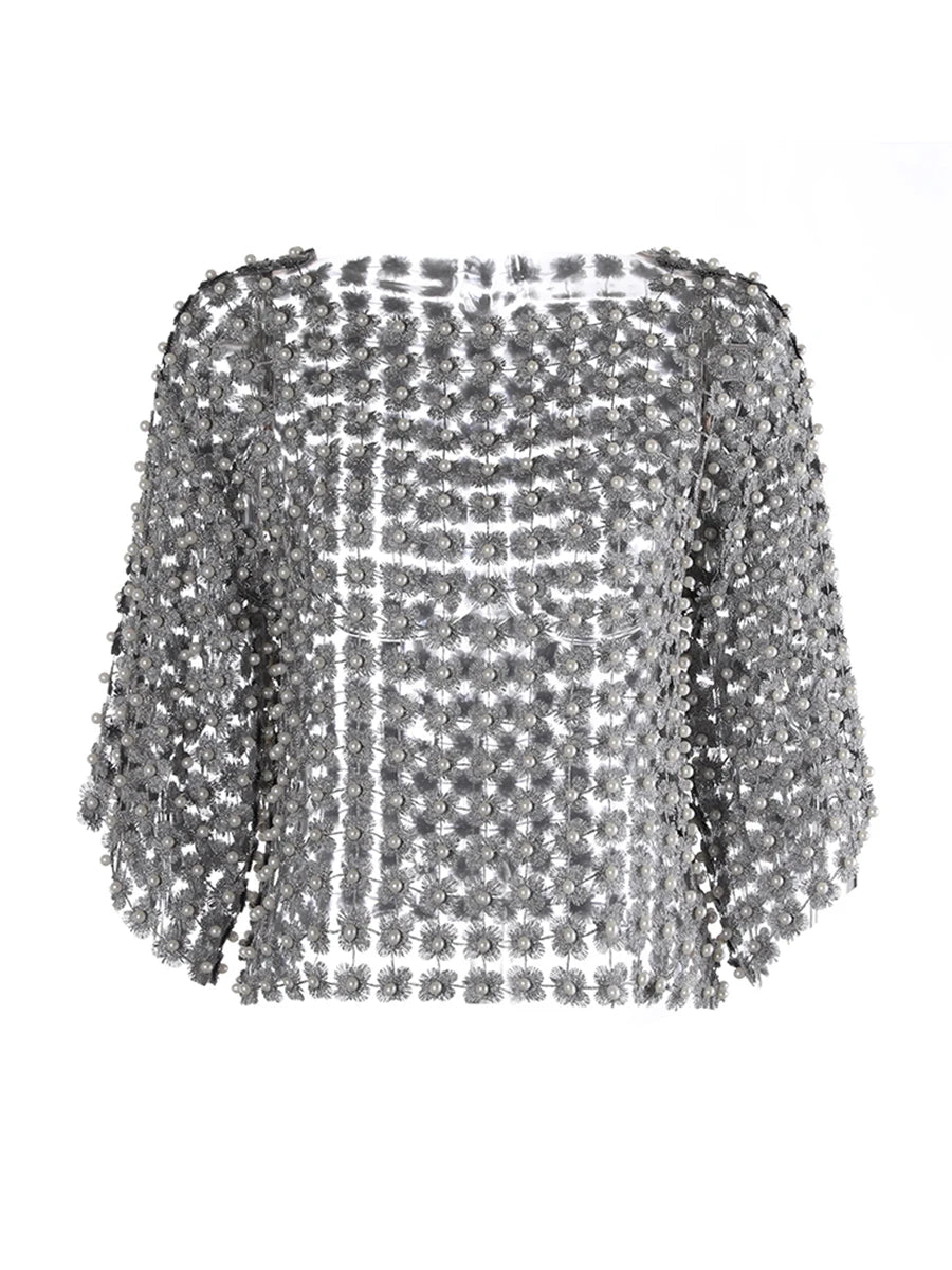 TWOTWINSTYLE Hollow Out Patchwork Pearls T Shirts For Women Round Neck Long Sleeve Sexy Slimming Pullover T Shirt Female Style