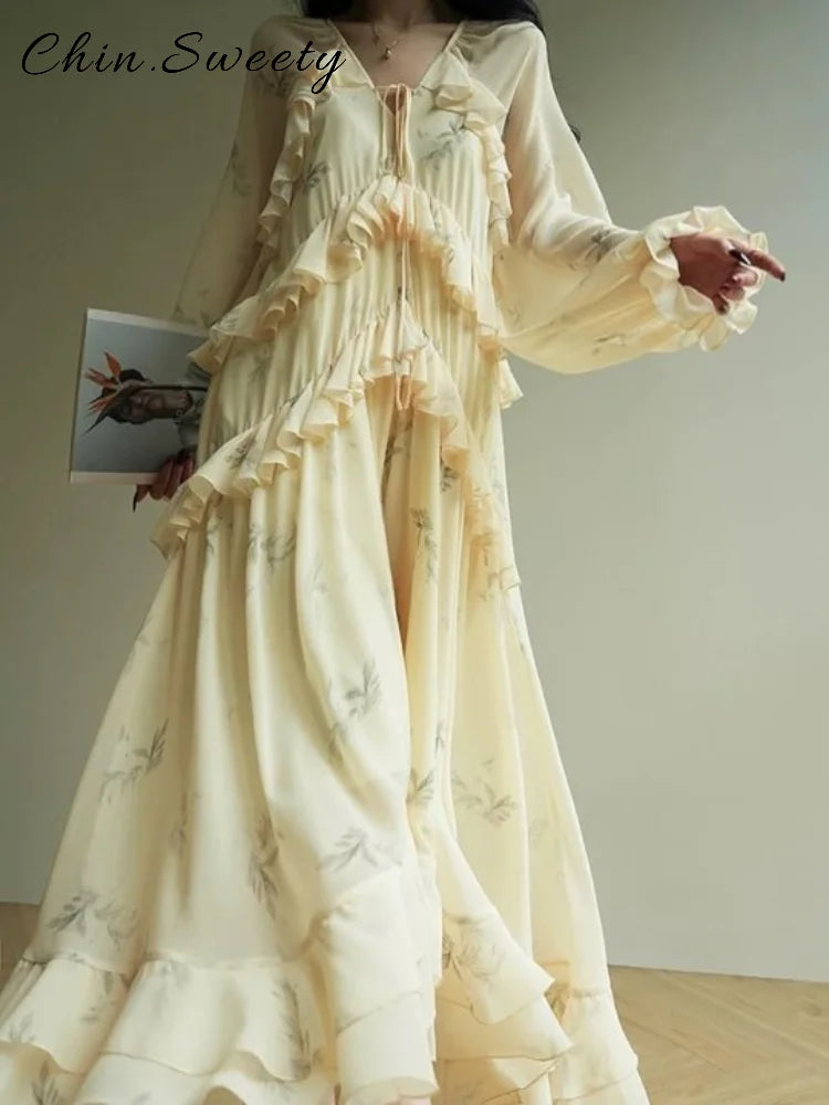 Elegant Printed Cascading Ruffles Long Dress Women Lace Up V-neck Full Sleeve A-line Dresses 2026 Early Spring High Street Robes