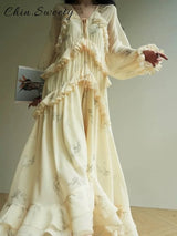 Elegant Printed Cascading Ruffles Long Dress Women Lace Up V-neck Full Sleeve A-line Dresses 2026 Early Spring High Street Robes