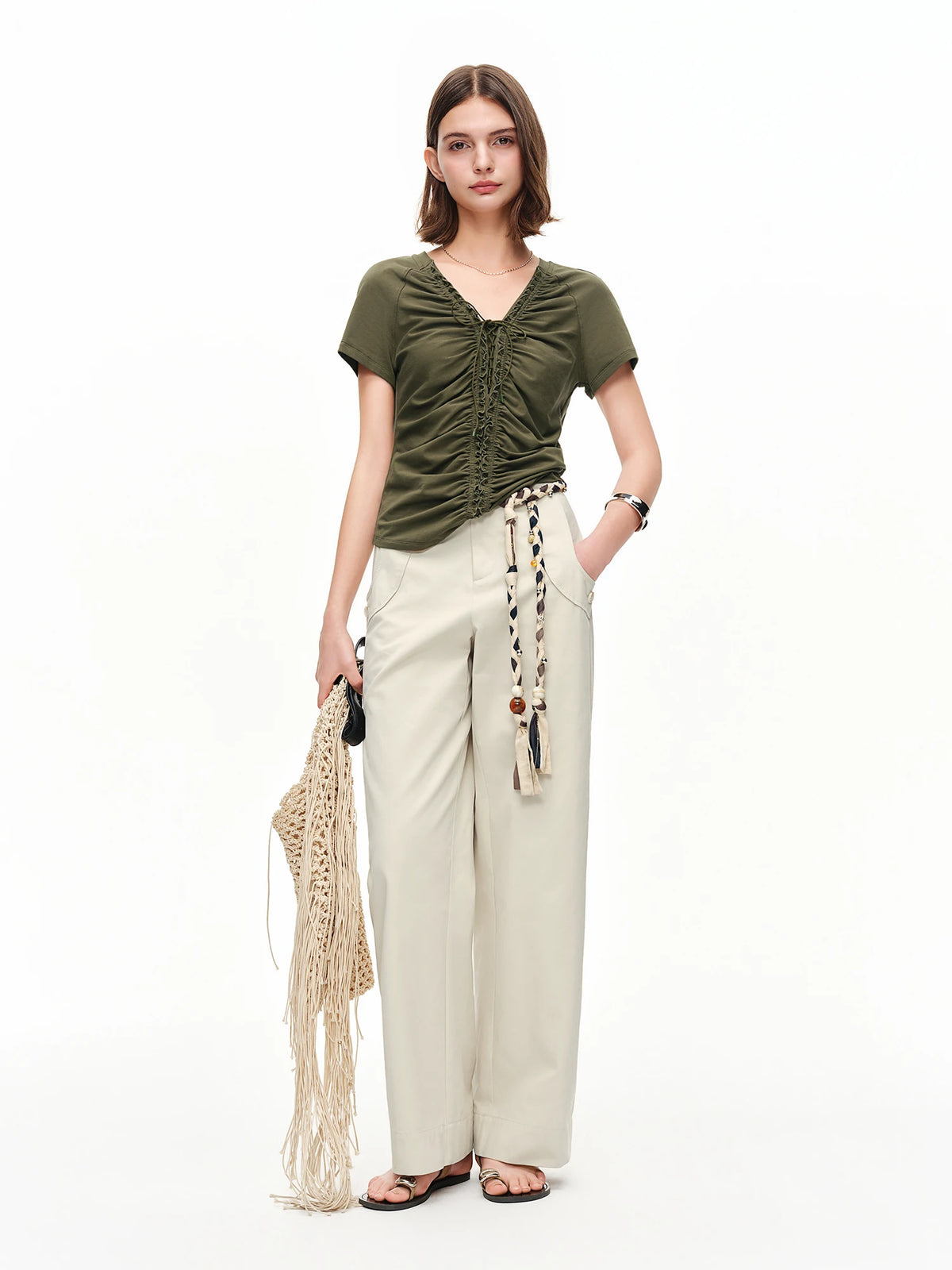 DUSHU Layered Wooden Collar T-Shirt with Pleated Straps and Waist-Defining Detail 2026 Summer New Arrival Style for Slimming Fit