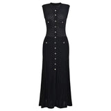Spring And Summer New Fashion Thin Cut Hollow Lace Silver S Button Slim Fit Round Neck Sleeveless Temperament Women's Dress