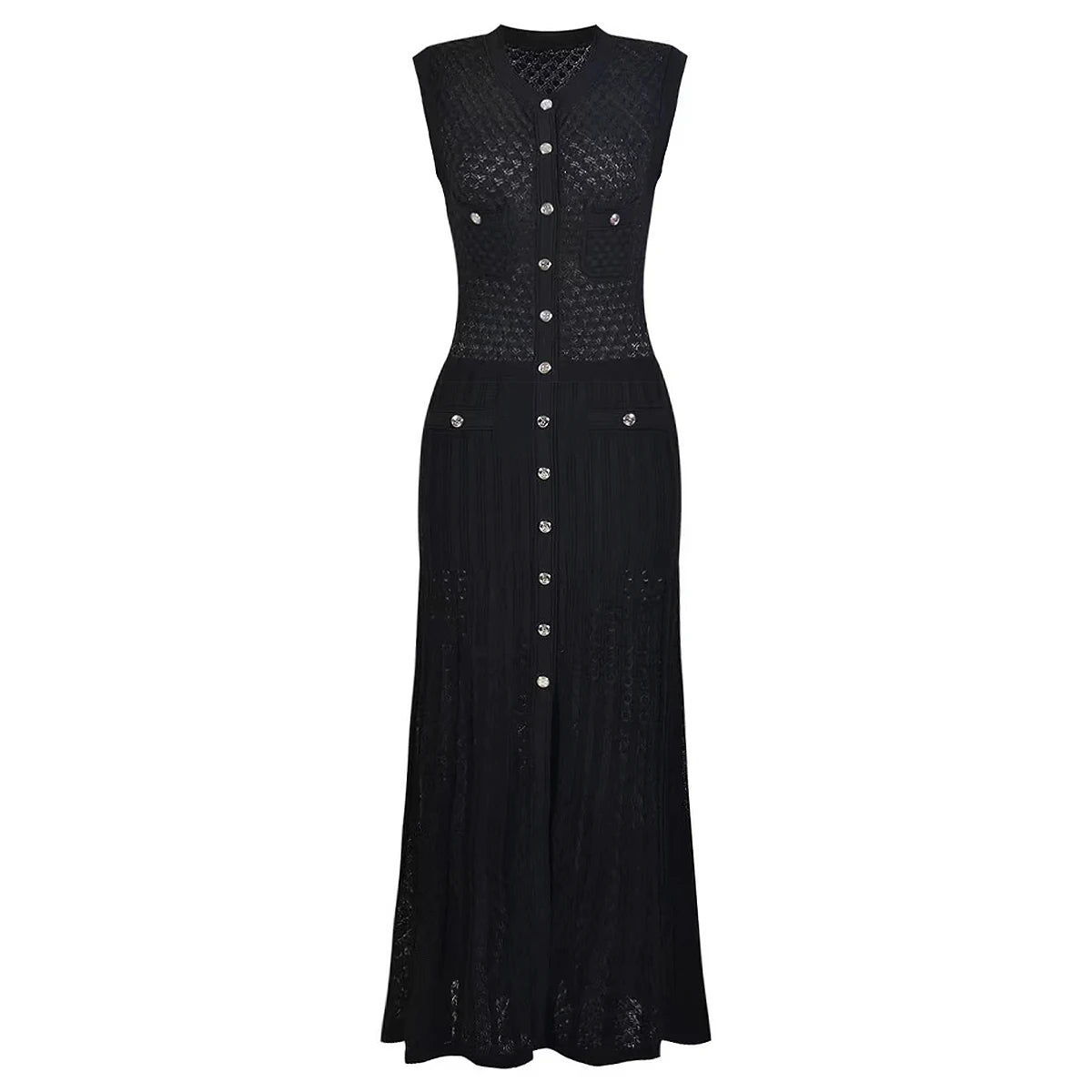 Spring And Summer New Fashion Thin Cut Hollow Lace Silver S Button Slim Fit Round Neck Sleeveless Temperament Women's Dress