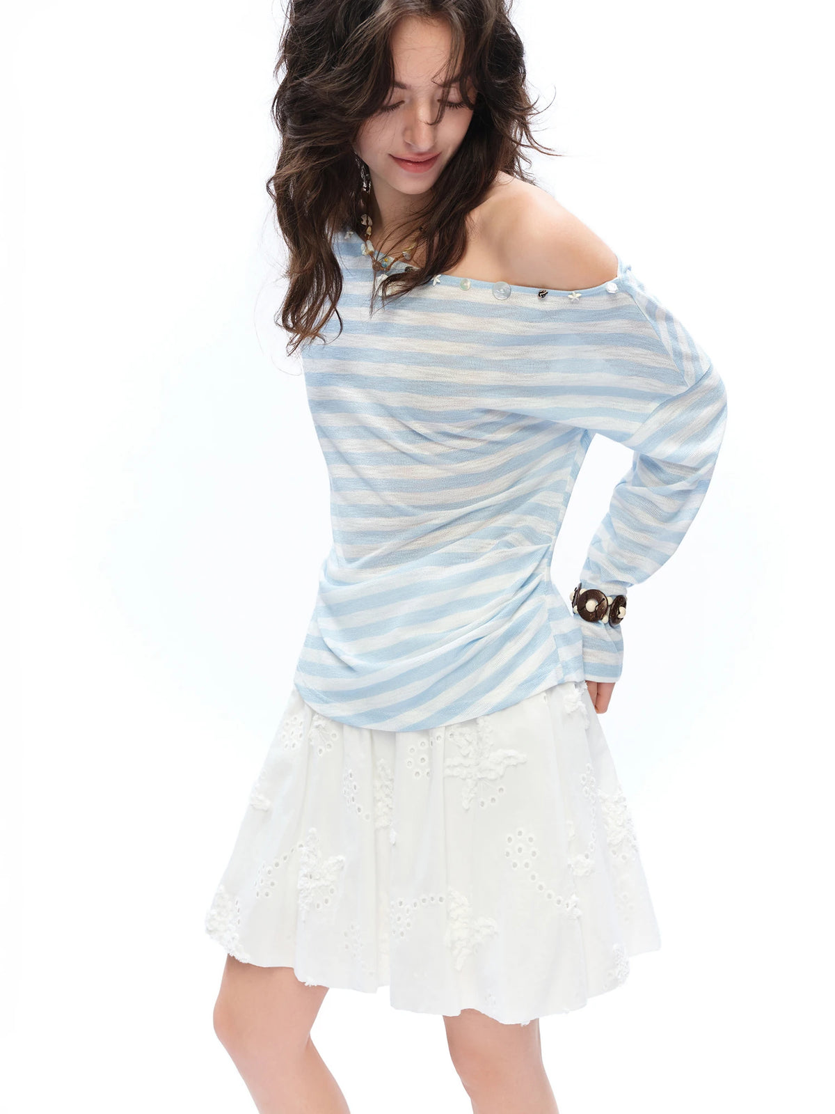 DUSHU 2026 Summer Women‘s One Shoulder Striped T-Shirt Relaxed Fit Asymmetric Top for Effortless Chic Urban Style Size Inclusive