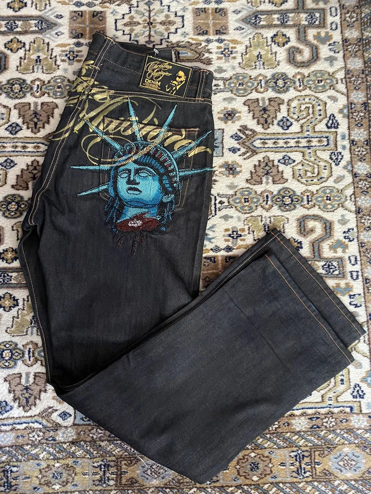 Vintage Statue of liberty Diamonds Jeans Casual Denim Pants High Waist Straight Wide Leg Jeans Harajuku Y2k 2000s Women Clothing