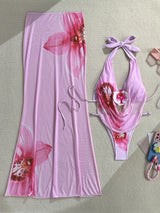 Ladies Pink Floral Print Bikini Swimsuit Three-Piece Set with Thermal Spring Long Skirt Separate Swimwear by BreezeWind