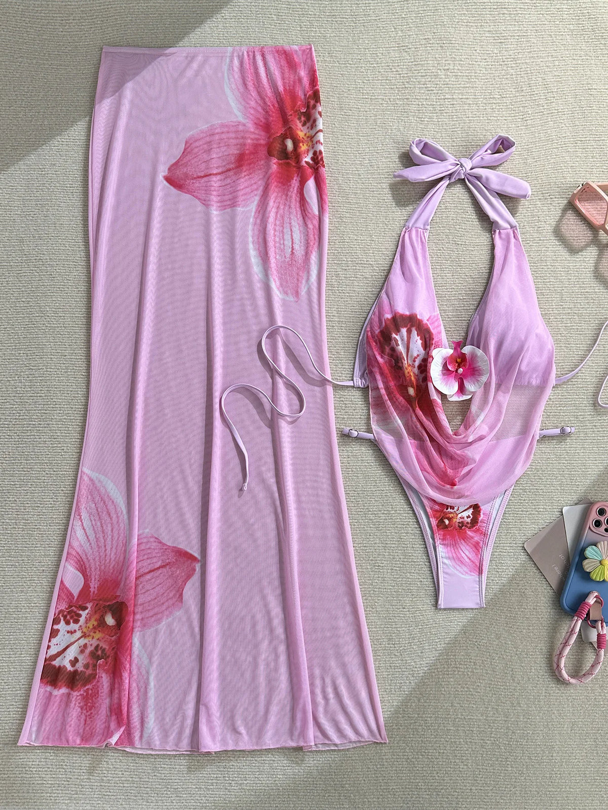 Ladies Pink Floral Print Bikini Swimsuit Three-Piece Set with Thermal Spring Long Skirt Separate Swimwear by BreezeWind