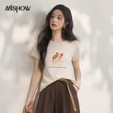 MISHOW Casual Fashion Cat Printed Beading T-Shirt For Women 2026 Summer Cute Design Round Neck Short Sleeve Top MXF24T1615