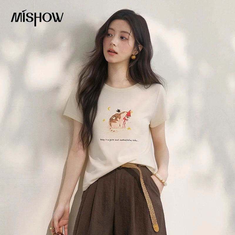 MISHOW Casual Fashion Cat Printed Beading T-Shirt For Women 2026 Summer Cute Design Round Neck Short Sleeve Top MXF24T1615