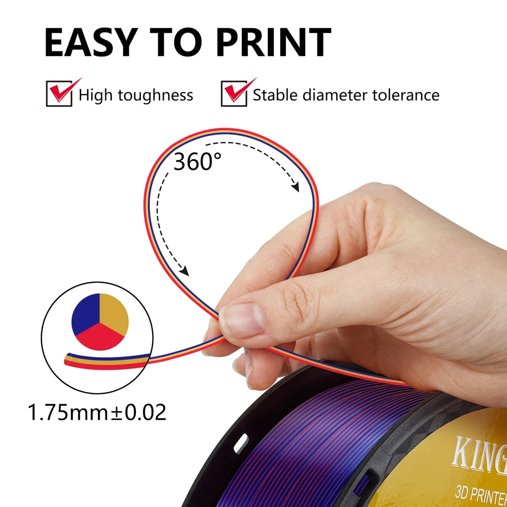 KINGROON 5KG Silk Tricolor PLA Filament 1.75mm, Three-colour Coextrusion 3D Printing Material, New Color Change, 5Roll 1kg/Spool