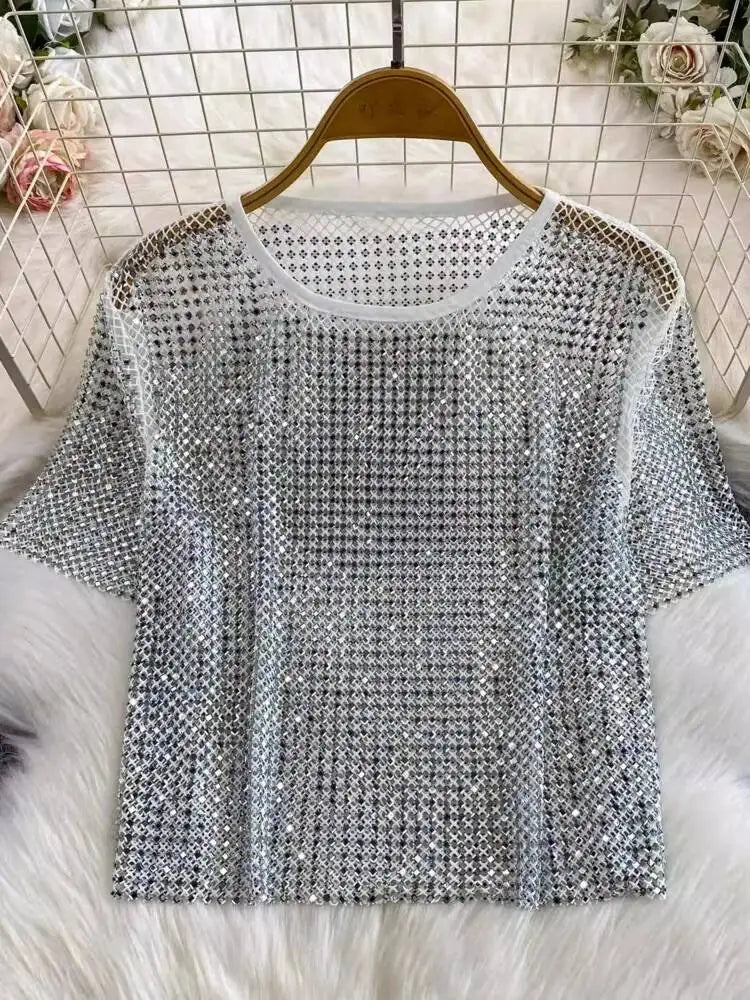 SHENGPALAE 2026 New Autumn Fashion Women Clothing Round Neck Short Sleeves Mesh Hollow Out Pullover T-shirt