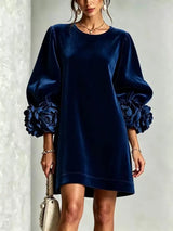Fall Winter New Arrival Women Korean Velvet Dress, Fashion Long Sleeve Dress with 3D Stereo Floral Cuffs for Party Daily