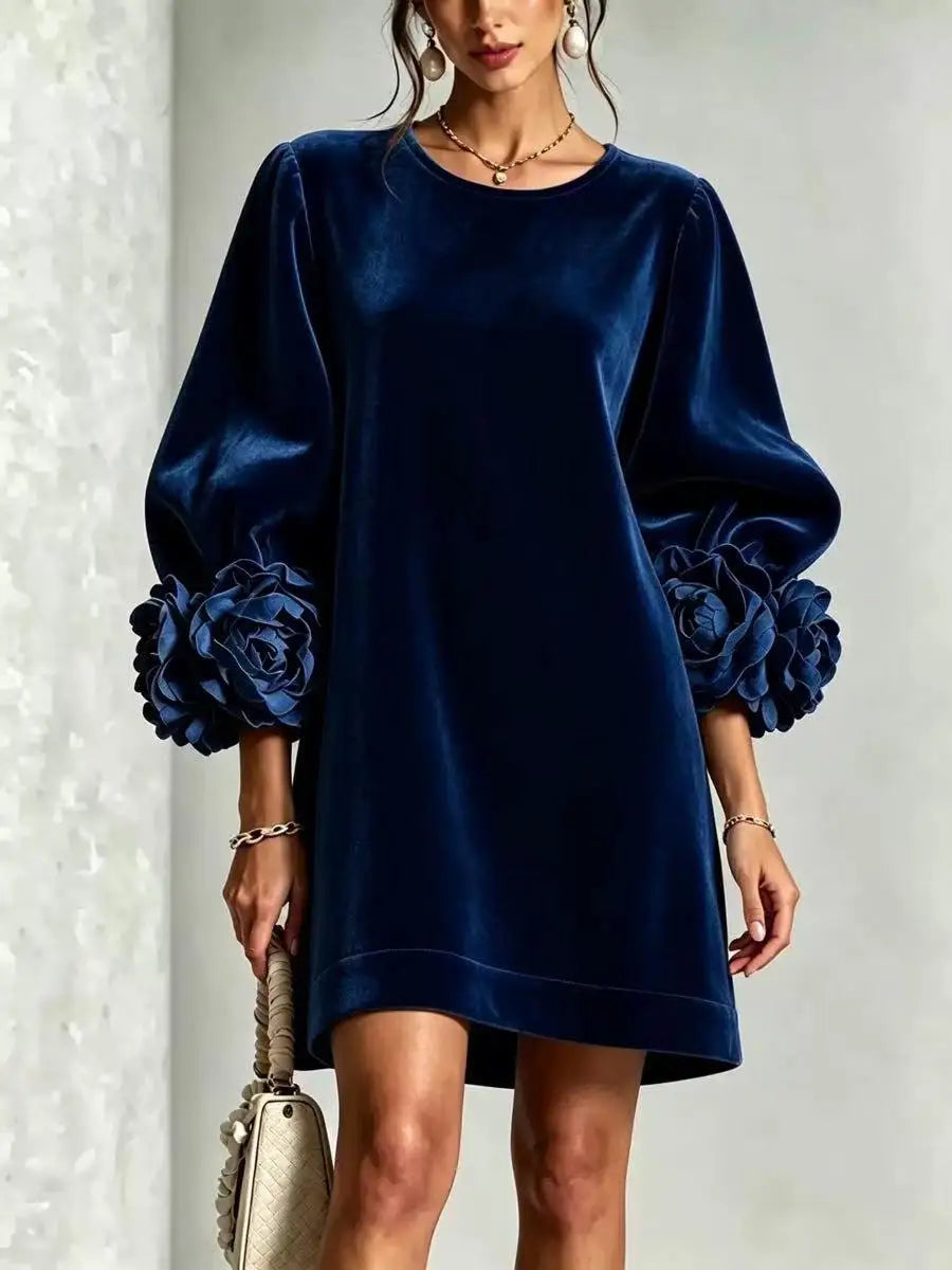 Fall Winter New Arrival Women Korean Velvet Dress, Fashion Long Sleeve Dress with 3D Stereo Floral Cuffs for Party Daily