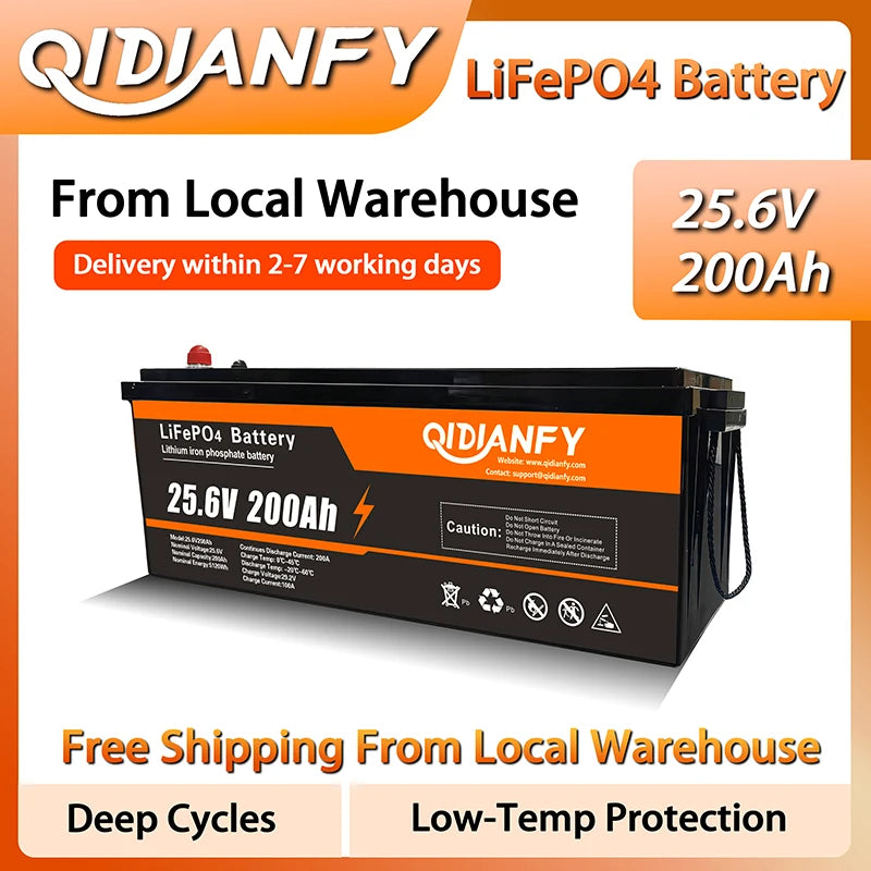 Qidianfy 25.6V 200Ah LiFePO4 Battery Built-in 200A BMS 5120Wh Capacity Rechargeable Lithium Battery for Solar Off-grid System RV Home Backup Energy