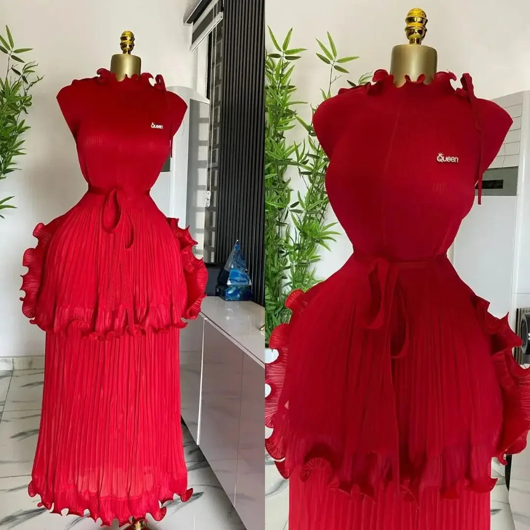 Miyake Pleated Ruffle Collar Dress with Temperament, Solid Color Sleeveless Ball, Elegant Plus Size Long Dress, 2025 Summer