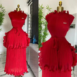 Miyake Pleated Ruffle Collar Dress with Temperament, Solid Color Sleeveless Ball, Elegant Plus Size Long Dress, 2025 Summer