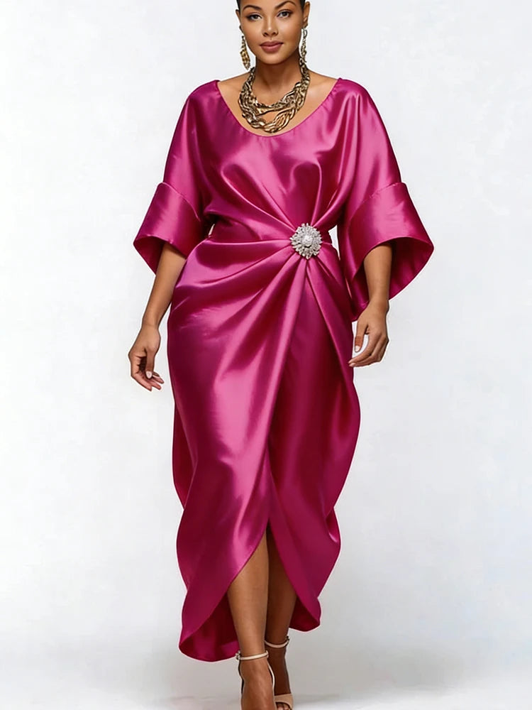 Navy Blue Satin Midi Dress Women Boat Neck Batwing Sleeve Rhinestone Waist Decor Ruched Elegant Evening Party Cocktail Dress
