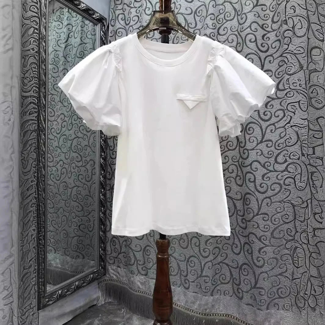 Vintage Simple Tshirts for Women Summer T-shirts Puff Sleeve O-neck Tees All Match Tops Fashion Sweet White Tees 2026 Ropa Mujer