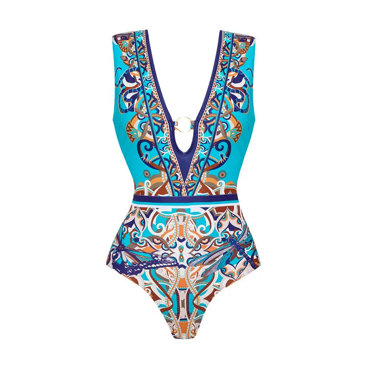 Flaxmaker One Piece Swimsuit and Pants Summer Vintage Swimwear Sexy Butterfly and Dragonfly V-neck Hollow Print Beachwear