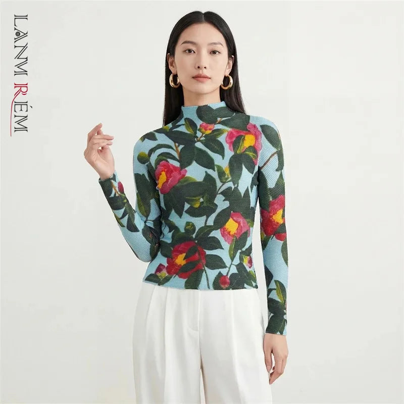 LANMREM Flower Printting Pleated Women's T-shirt High Elastic Slimming Design Stand Collar Long Sleeve Pullover Tops 2DB6574