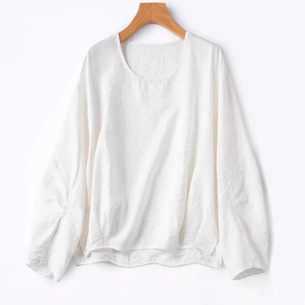 Stereoscopic Cut 76% Natural Mulberry Silk Dried Silk Round Neck Drop Shoulder Long Sleeved Loose Slit Solid Women's T-shirt