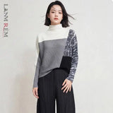 LANMREM Spring Autumn New Women's Pleated T-shirt High Collar Colorblock Long Sleeve Pullover Tops Simple Versatile Elastic Tee