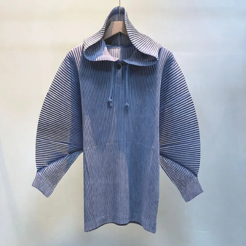 Miyake Casual Stand-up Collar Pullover Sweater Autumn and Winter New Solid Color Loose Pleated Long-sleeved Jacket Women