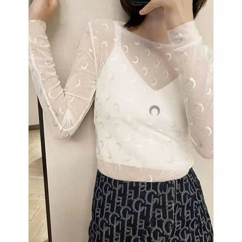 Solid Color Hollow Out Top Women Long Sleeve Mesh T-Shirt Summer Sexy Slim Fit Streetwear Classic