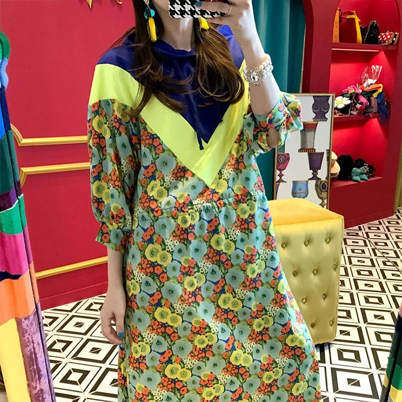 Chic Retro Floral Print Long Hoodie Dress Women's High Waist Belted Color Block Sweatshirt Style Dress City Commute Autumn