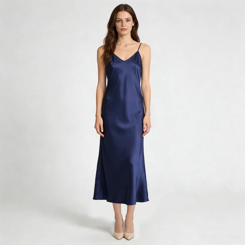 2026 Women's Fashion New 21MM 100% Natural Mulberry Silk Plain Satin Extended French Sexy Adjustable Shoulder Strap Solid Dress