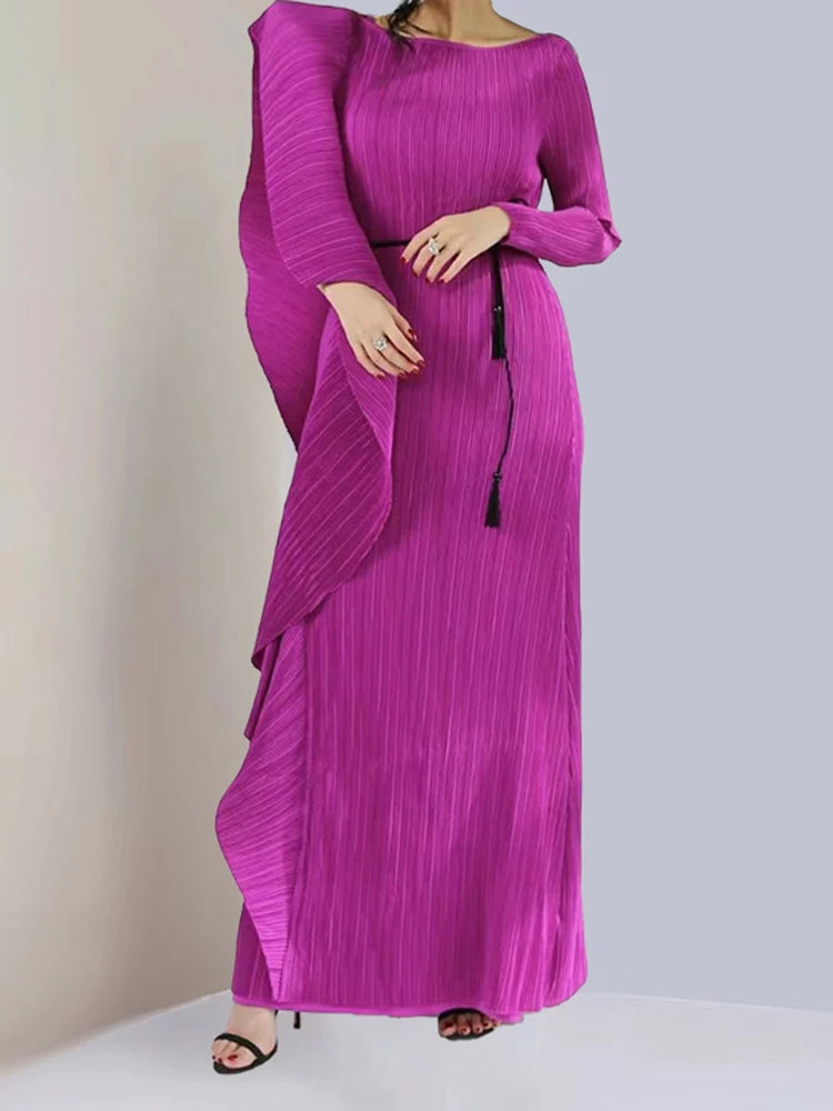 LANMREM Irregular Ruffled Pleated Maxi Dress Women Solid Color Round Neck Women's Elegant Festival Clothing 2024 Summer 2DA1460