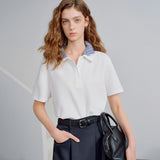 TOYOUTH Women Piqué Cotton Tees 2026 Spring New Double Collar Niche Design Loose Polo Tops