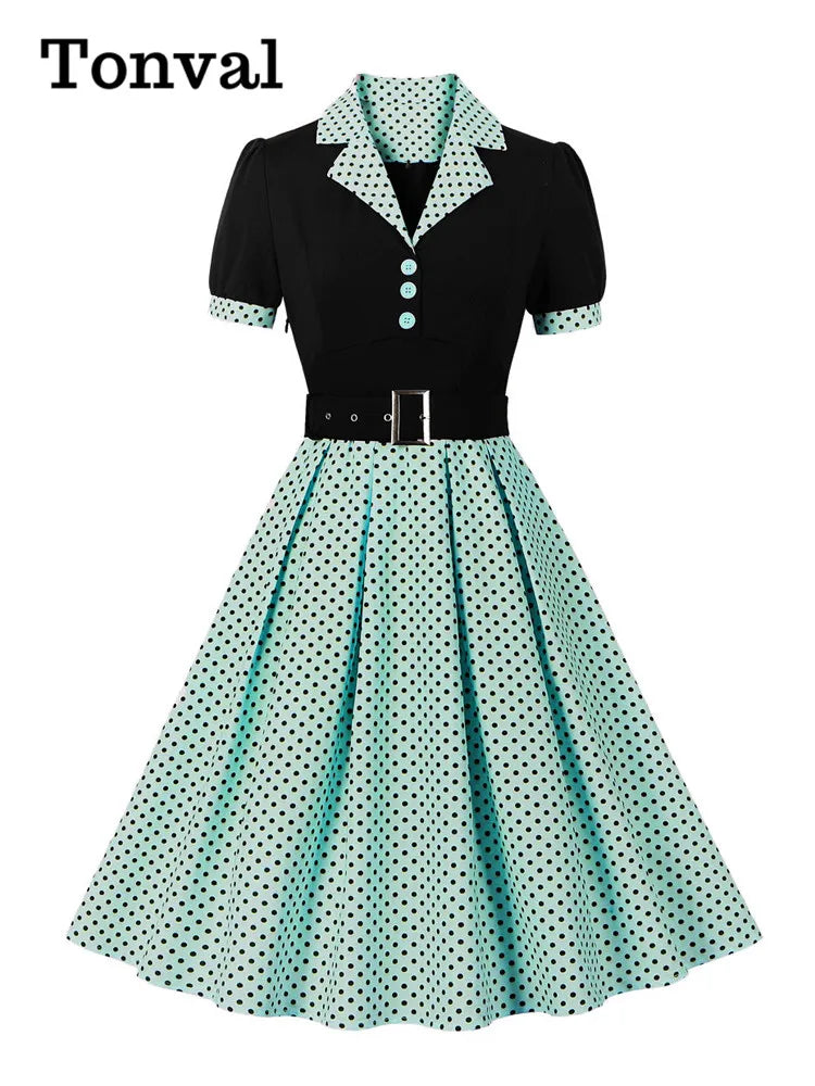 Tonval Black and Polka Dot Vintage Pleated Dresses Notched Collar 2025 Elegant Summer Women Short Sleeve Belted 50s Retro Dress