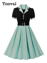 Tonval Black and Polka Dot Vintage Pleated Dresses Notched Collar 2025 Elegant Summer Women Short Sleeve Belted 50s Retro Dress