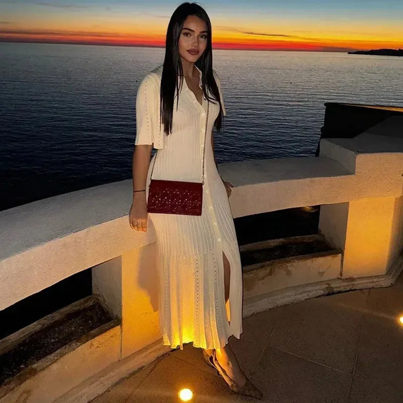 Fashion Patchwork Pleated Maxi Dress Women Elegant Ruffle Hem Knitted Long Dress Female 2025 New Summer Evening Party Vestidos