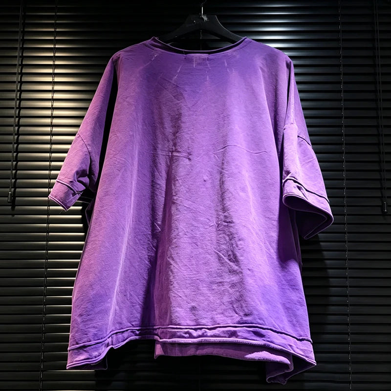 DEAT 2026 Summer Distressed Washed Deconstructed T-shirt With Patchwork Design Asymmetrical Hem Loose Short-sleeved Top 11B467