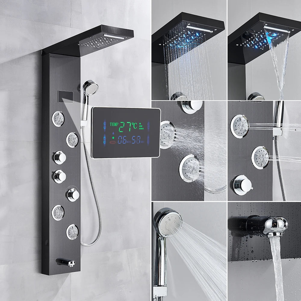 Golden Black Shower Panel Wall Rain Waterfall Shower Faucet Bathroom Shower Set APS Body Spray Jets Plastic Handshower Head