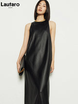Lautaro Spring Black Extra Long Faux Leather Tank Dress Autumn Elegant Stylish Backless Maxi Dresses for Women Clothing 2021