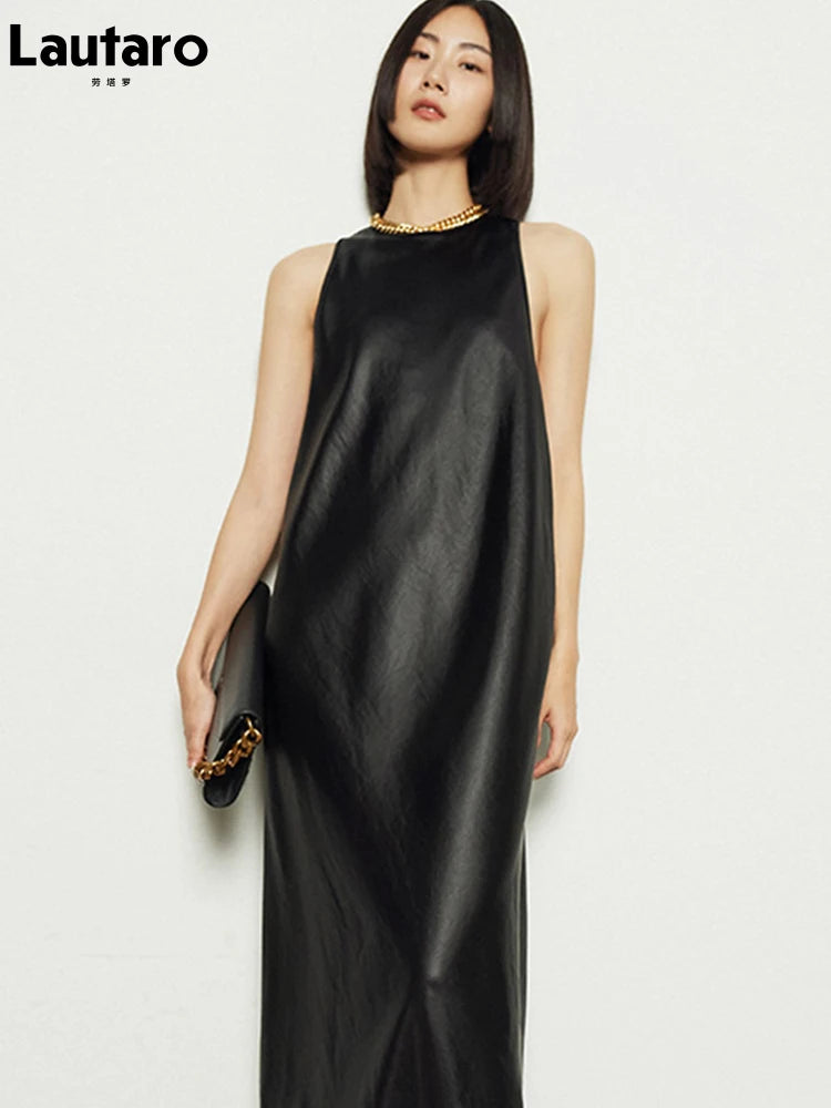 Lautaro Spring Black Extra Long Faux Leather Tank Dress Autumn Elegant Stylish Backless Maxi Dresses for Women Clothing 2021