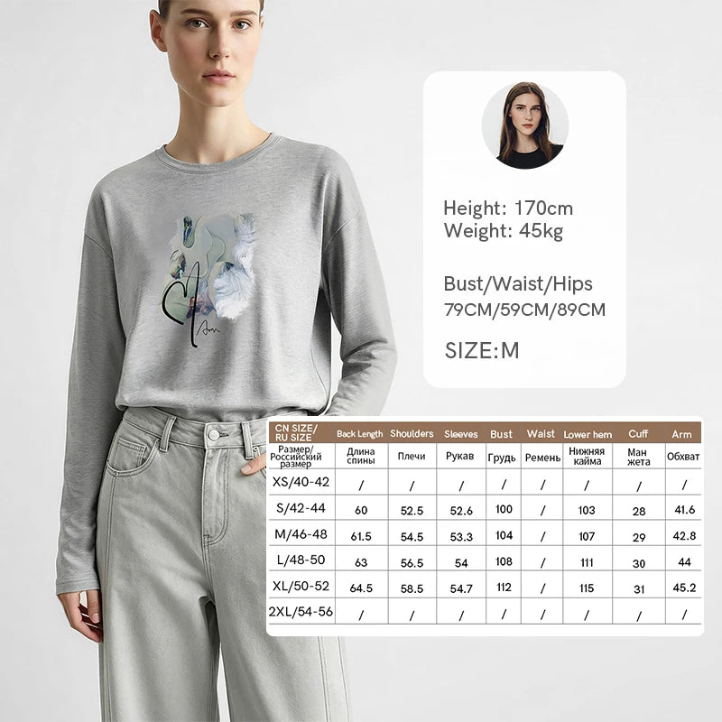 Amii Long Sleeve T Shirt 2026 New Arrival Autumn Soft Fabric Printed Embroidery Crew Neck Loose Fit Casual Women Top 12623029