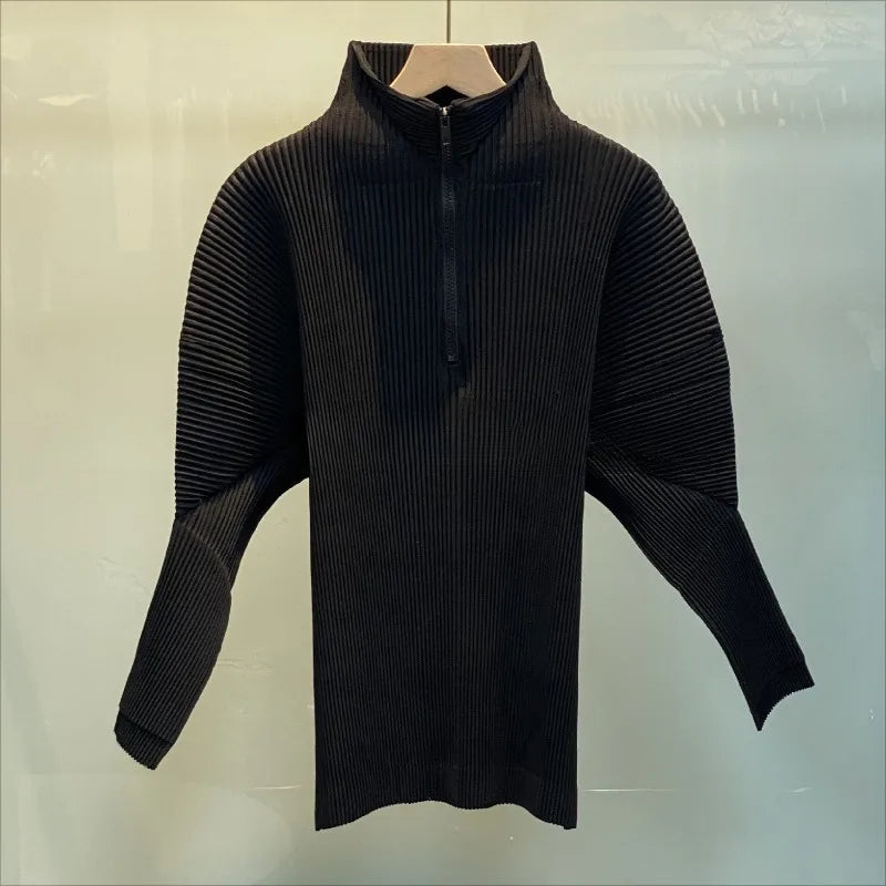 Miyake Casual Stand-up Collar Pullover Sweater Autumn and Winter New Solid Color Loose Pleated Long-sleeved Jacket Women